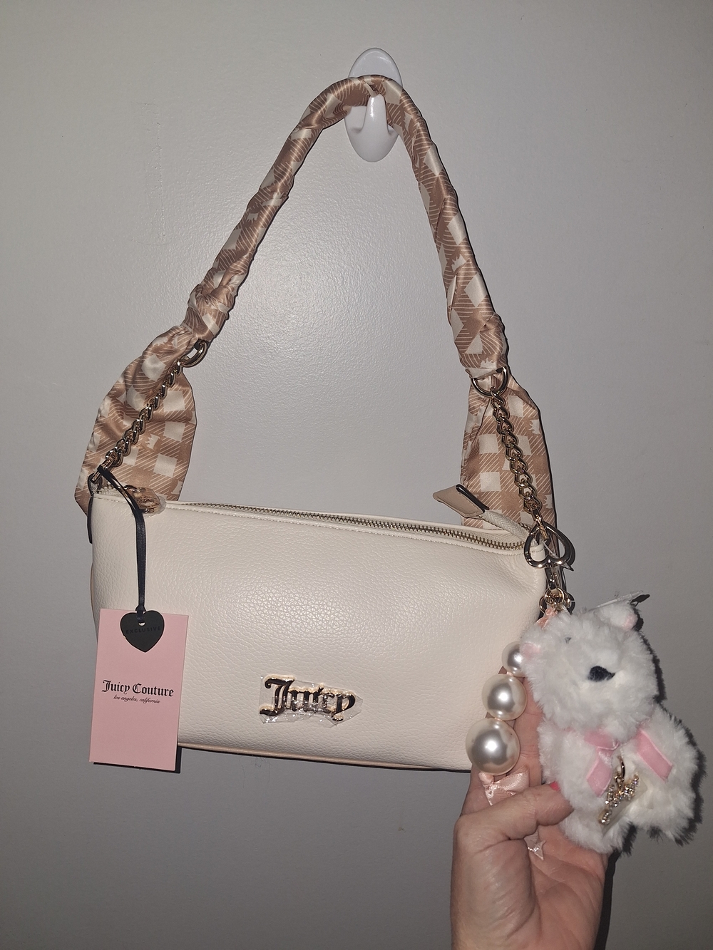 EXCLUSIVE Juicy Couture Cream Shoulder Bag with Patterned Strap and Plush Charm